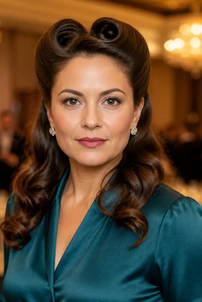 Soft victory rolls at the front with loose waves down