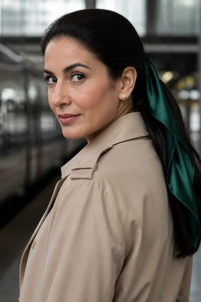 Sleek high ponytail wrapped with a satin scarf