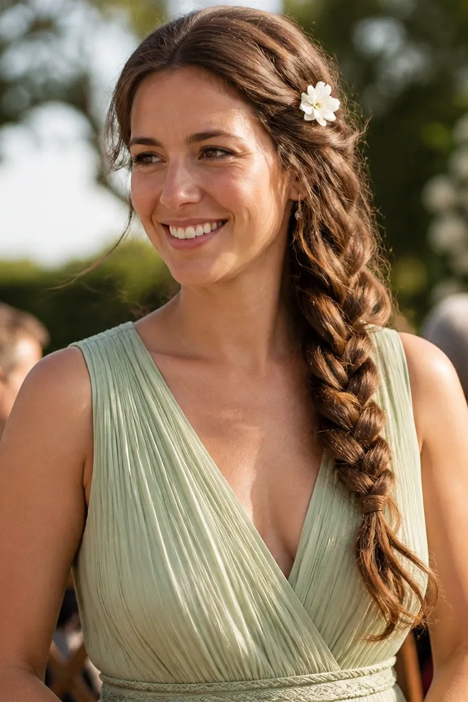 Side braid cascading down with a small flower pin near the crown