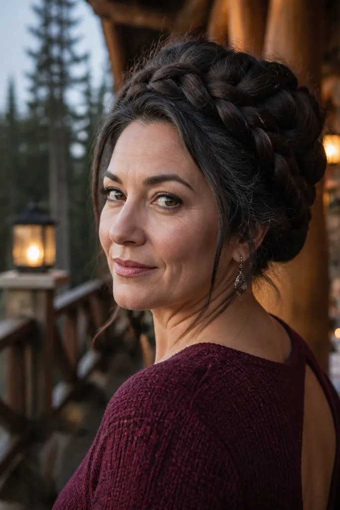Braided bun crown with thick, textured hair wrapped around