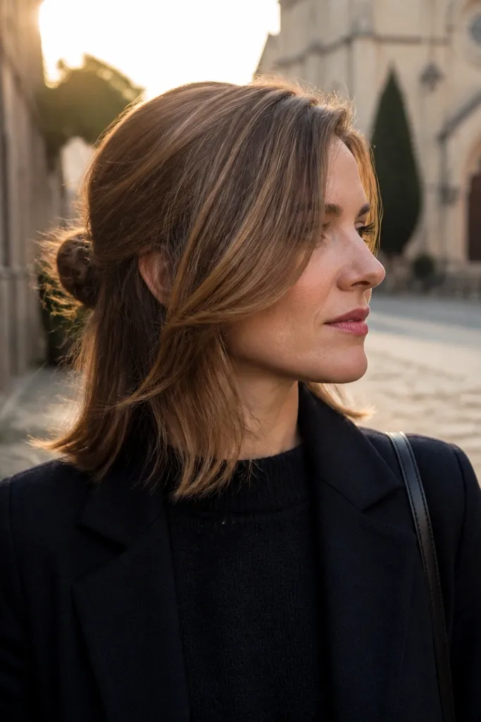 Small twisted bun on one side with a side-swept wave