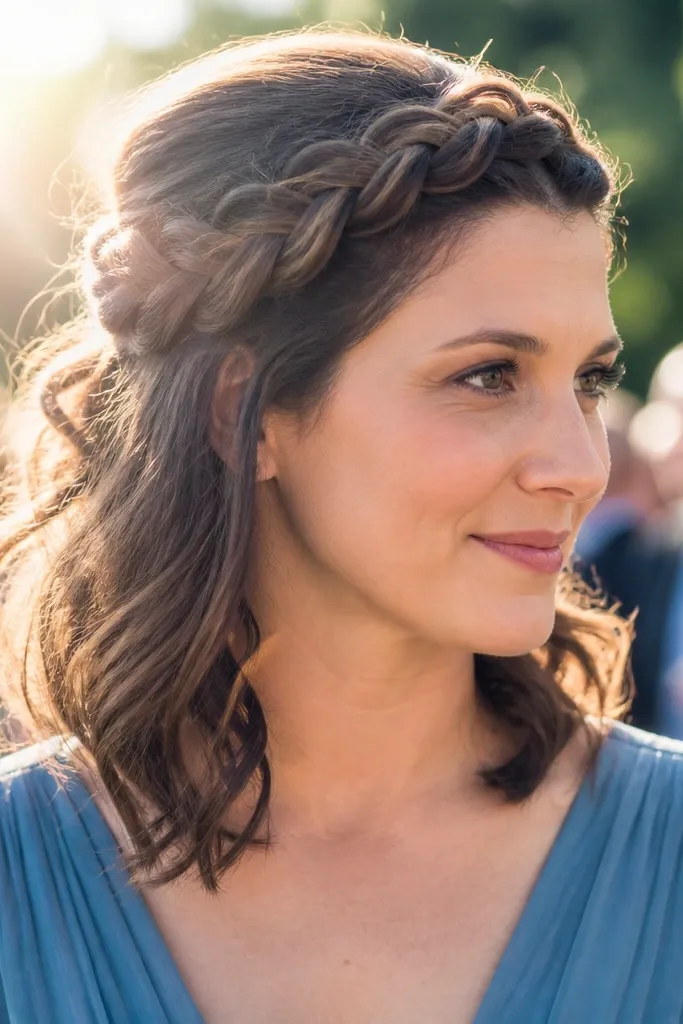 Crown braid with half-up volume and soft waves down