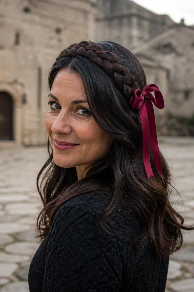 Wraparound braid around the head with a ribbon tie