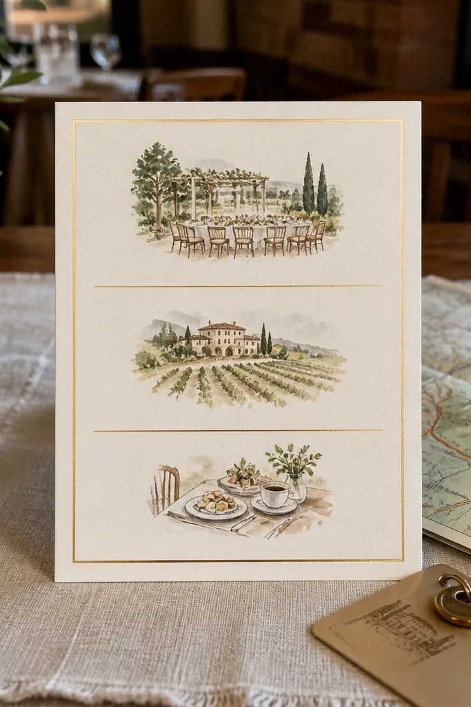 Warm ivory wedding invitation with a thin gold border and three stacked event panels