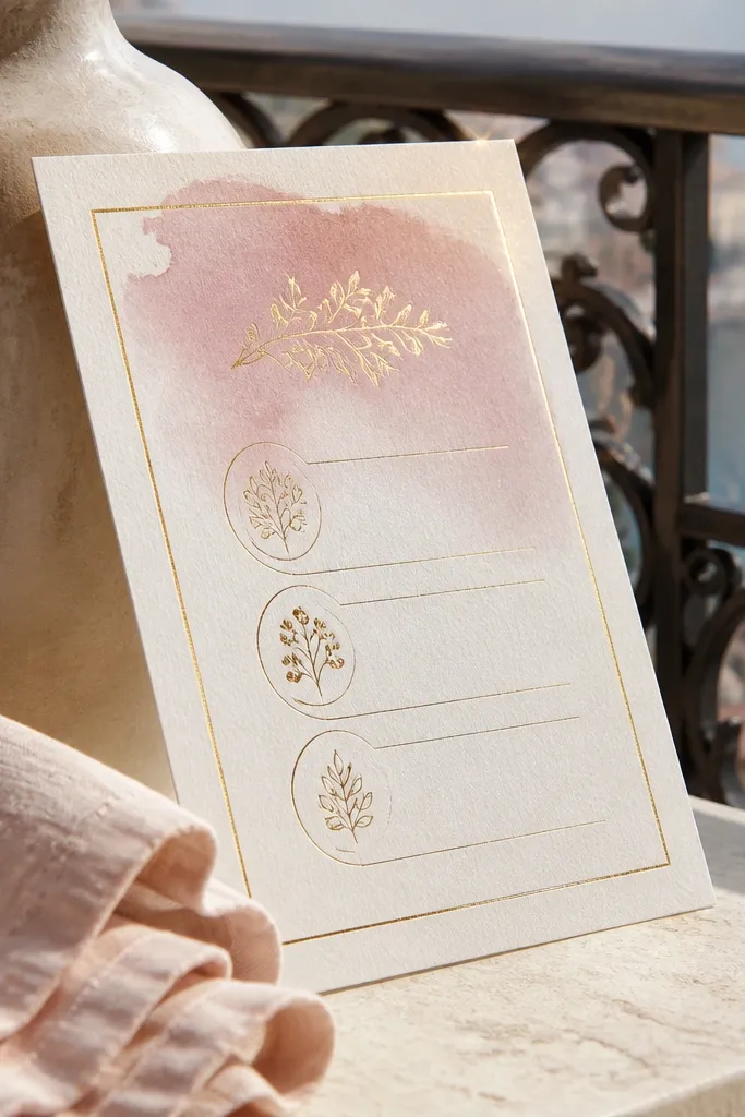 Dusty rose watercolor wash wedding invitation with a gold-style header title