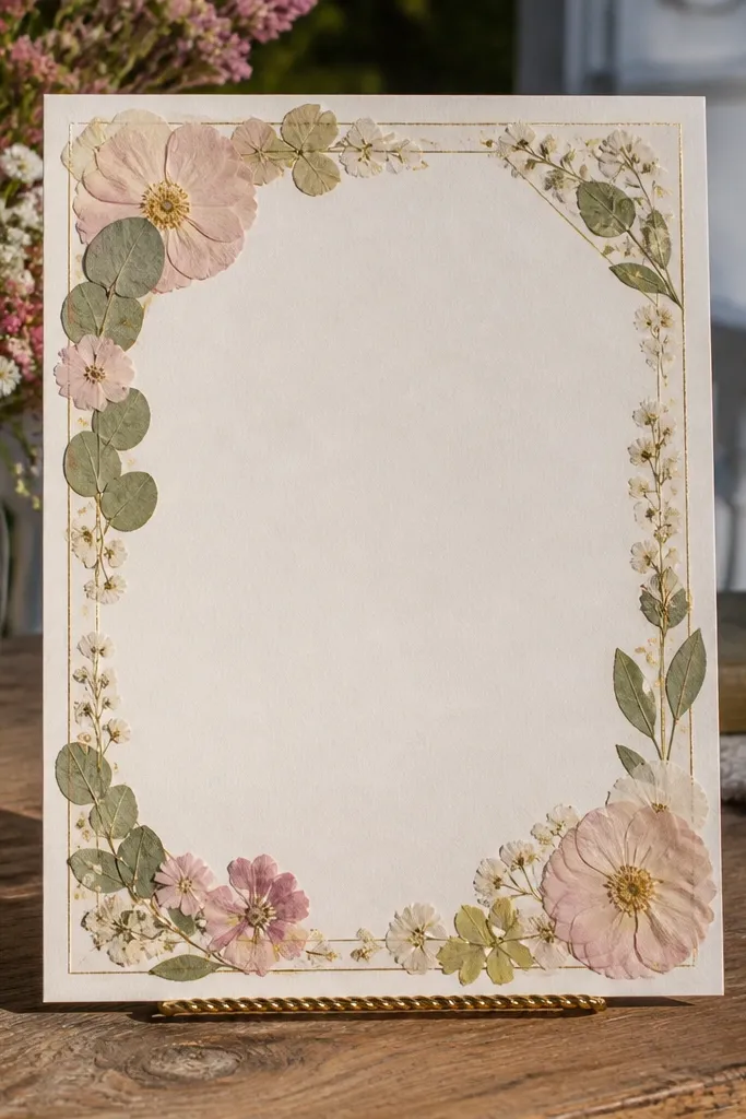 Cream invitation with a pressed flower border and three text blocks in corners