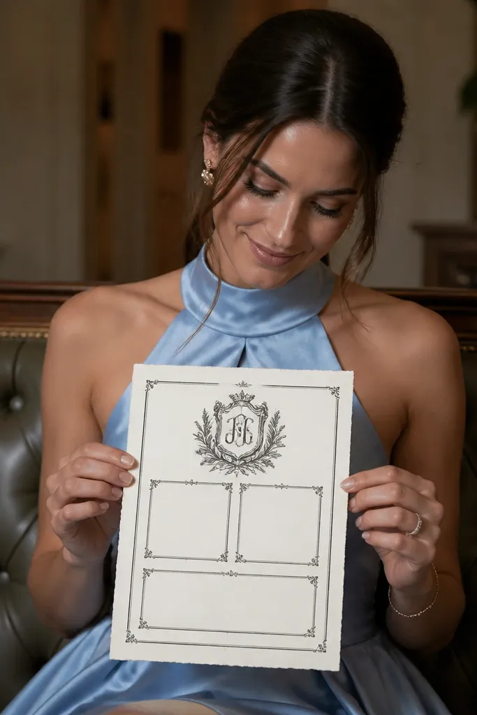 Monogram crest invitation with separate sections for rehearsal dinner and ceremony