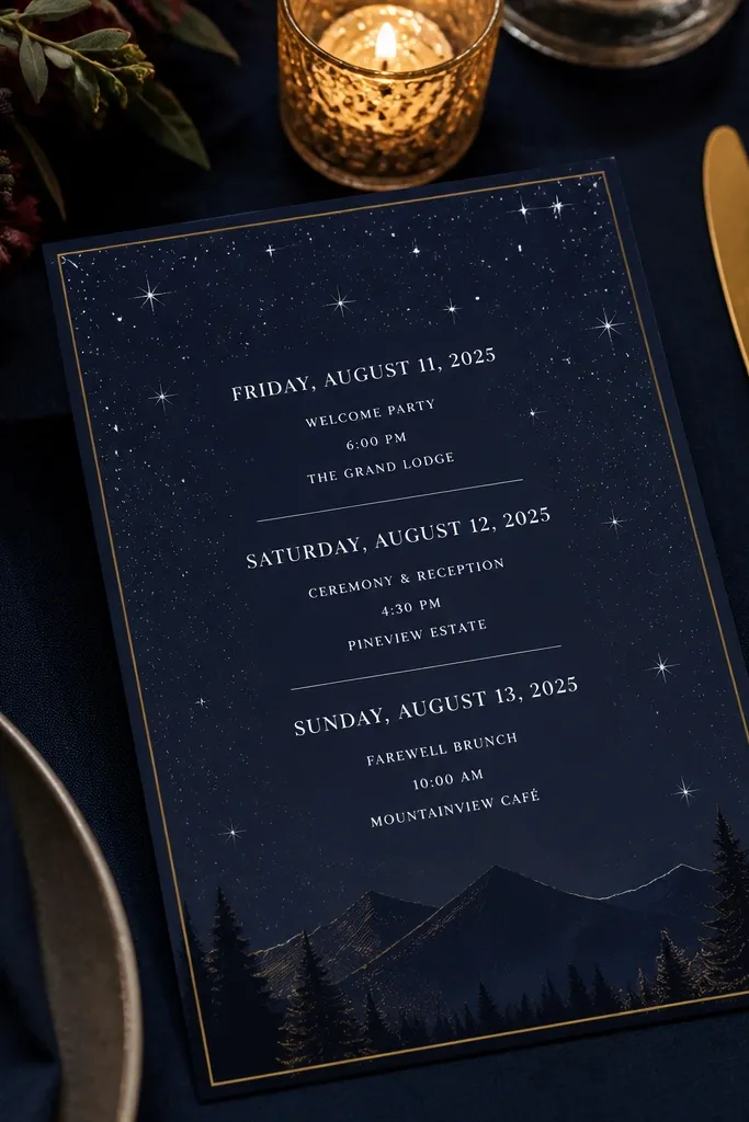 Navy invitation with tiny star dots and bold date lines for three events