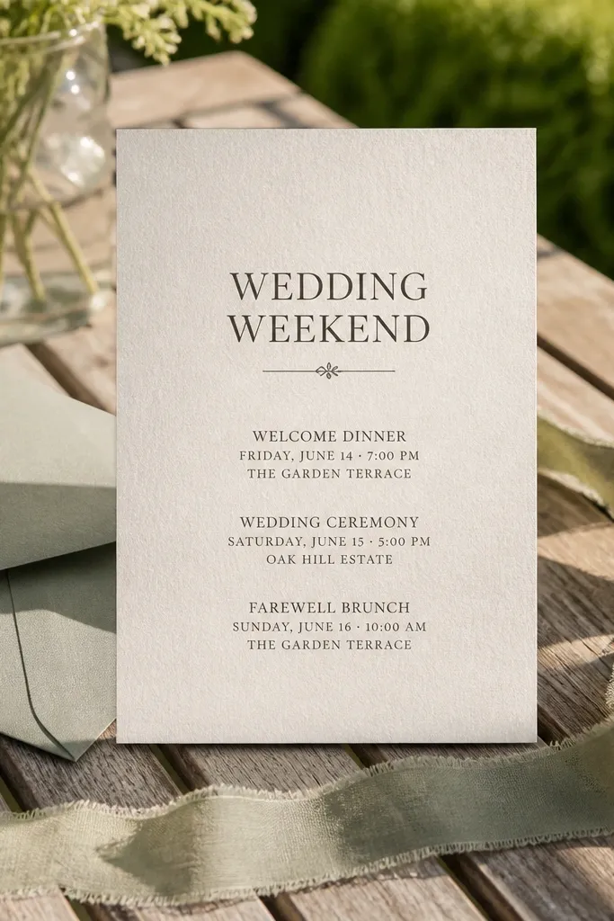 Warm linen-textured invitation with a centered weekend title and three event lines
