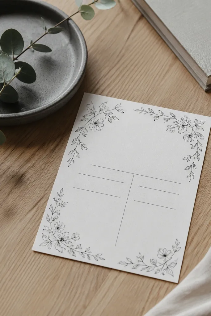 Cream invitation with monochrome botanical vines in corners and clear event blocks