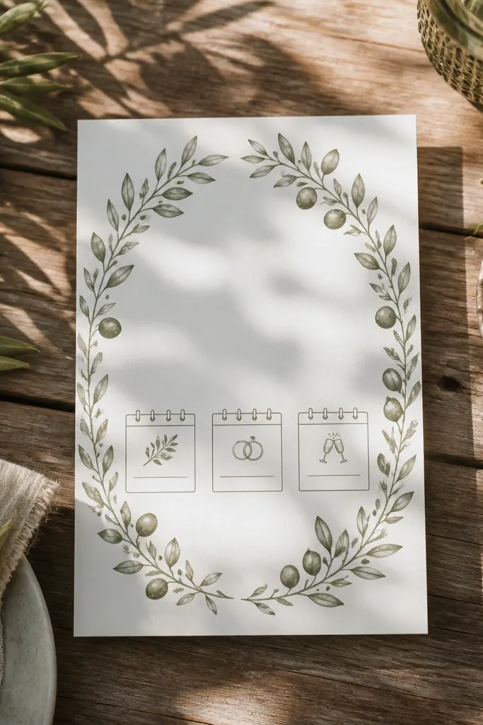 Olive leaf wreath invitation with three calendar-style event blocks