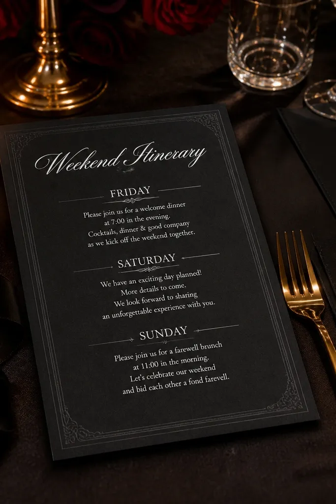 Black invitation with white script header and serif text for three event sections