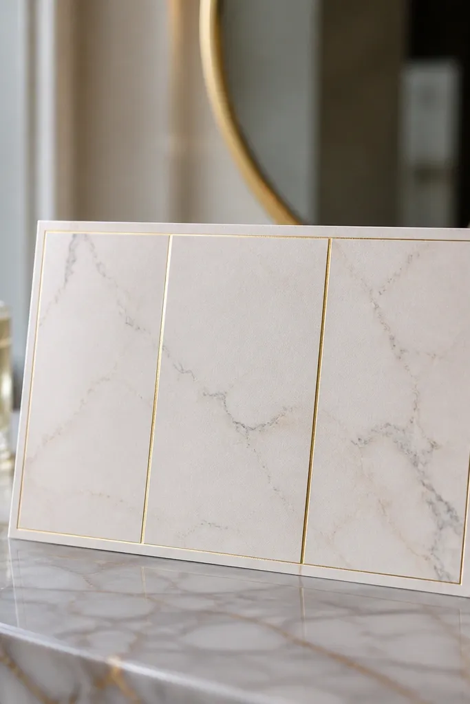 White marble-textured invitation with thin gold divider lines and three event blocks
