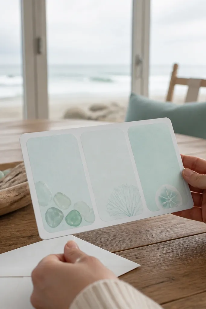 Sea glass colored invitation with rounded corner sections for three events