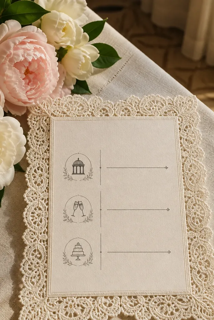 Cream invitation with a lace border and a three-day event list layout