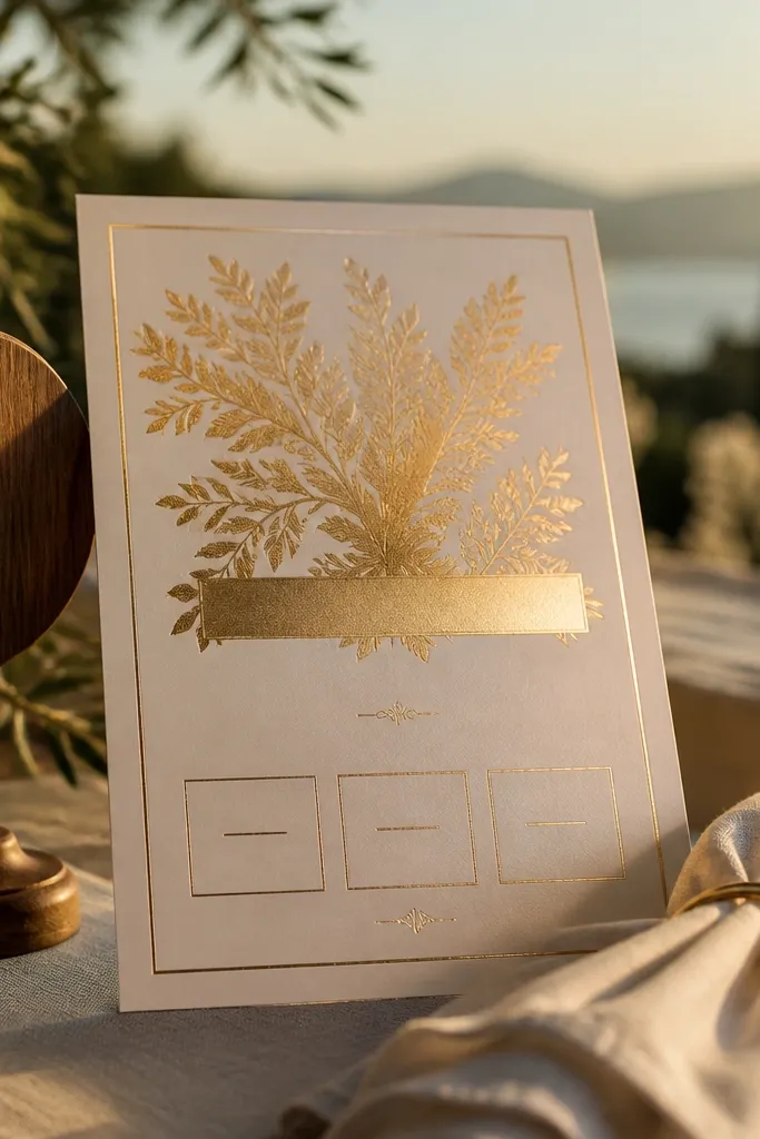 Ivory invitation with gilded botanical silhouette and three date boxes