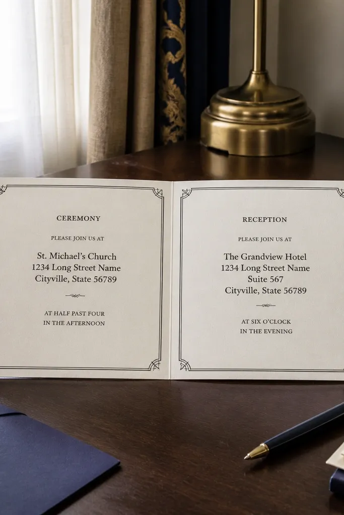 Cream invitation with a thin frame and two-column address blocks for events