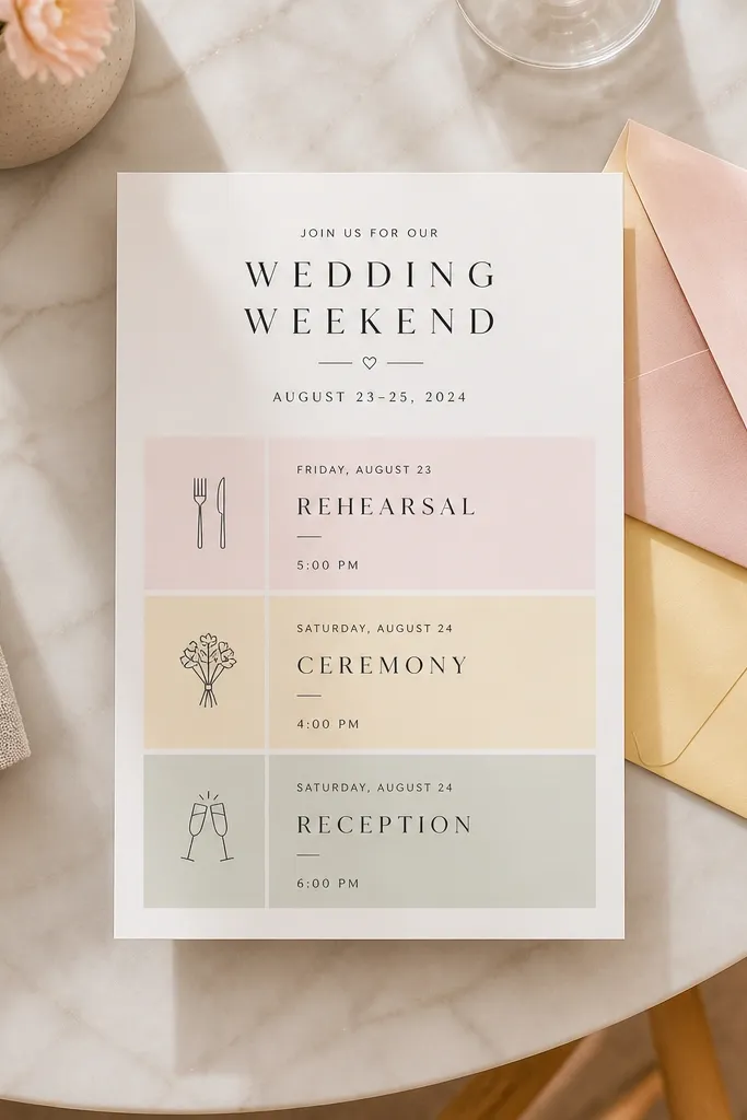 Pastel color-block invitation with three timeline dividers and event text