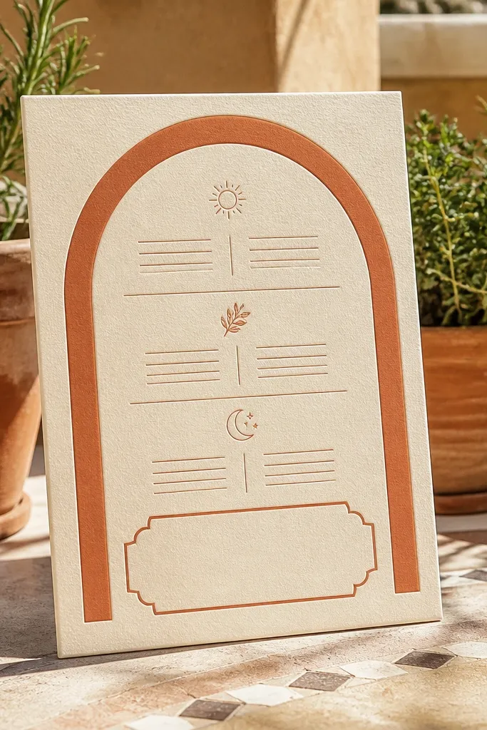 Terracotta arch frame with blank RSVP box and three-day lines