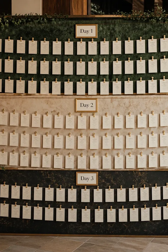Three stacked wall sections showing escort cards labeled Day 1, Day 2, Day 3