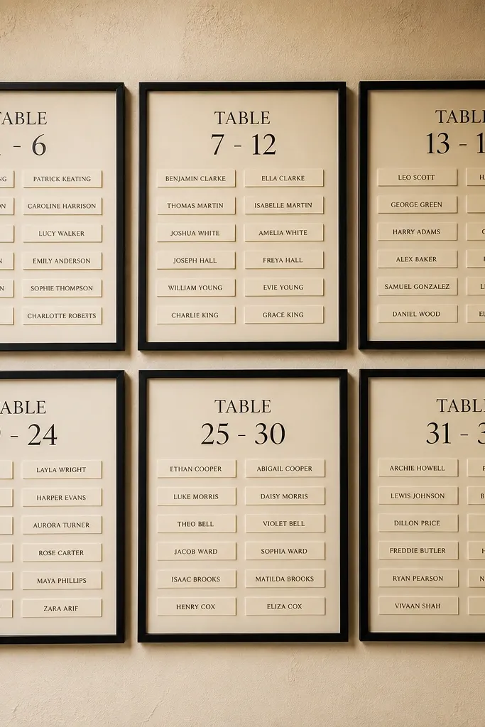 Small framed boxes arranged in a grid with table numbers and guest names inside