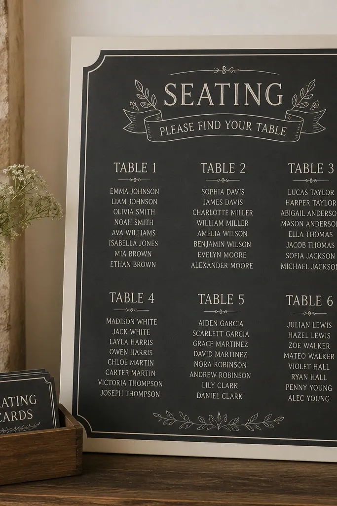 Dark text on a cream board with table headings and name lists in chalk-like lettering