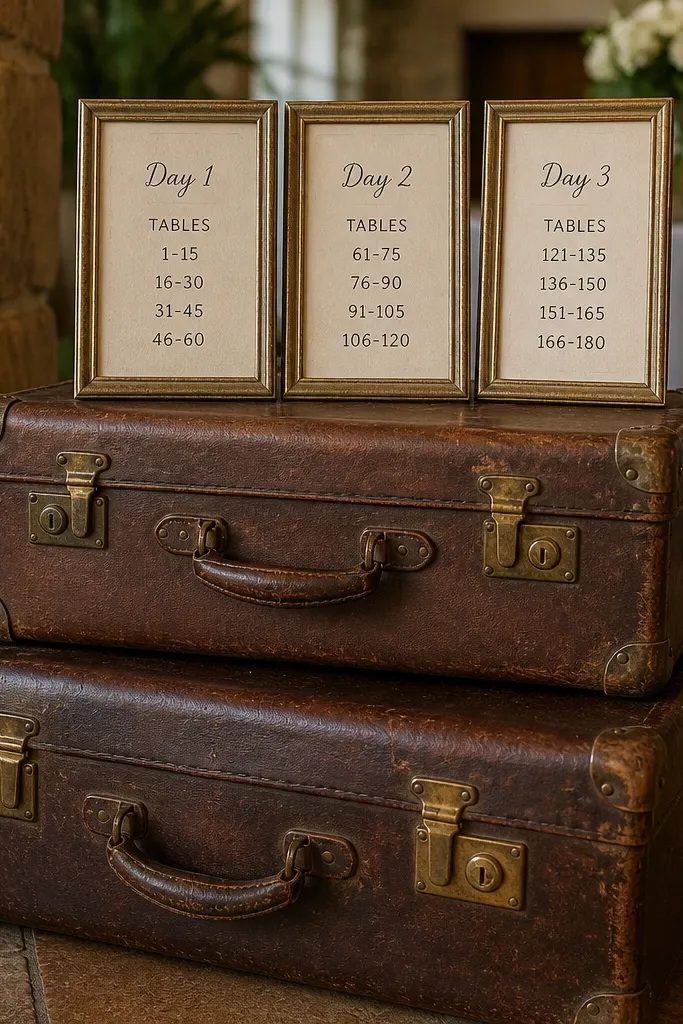 Stacked suitcases open like display stands with framed seating charts inside