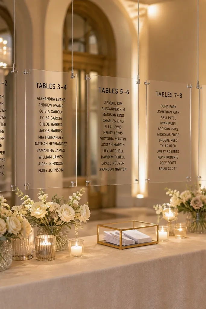 Clear acrylic strips hanging above a welcome table with table headings and names