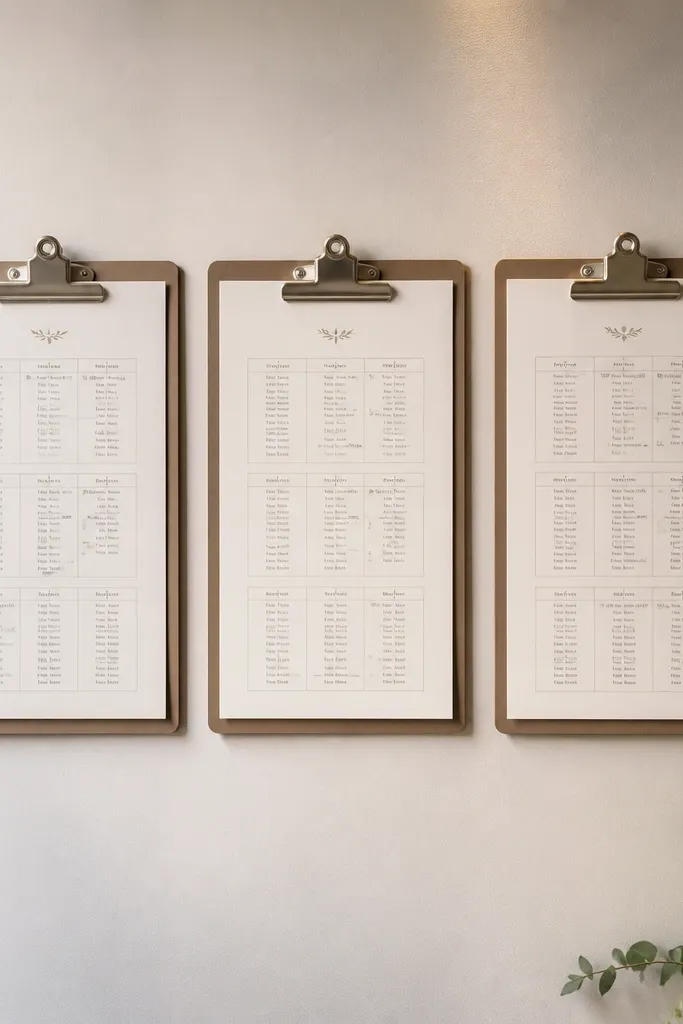 Wall of clipboards each holding a seating chart page with day labels at top