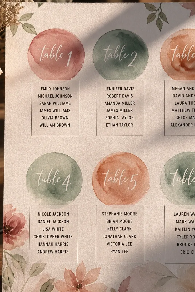 Watercolor-style table map with labeled table circles and name lists beneath