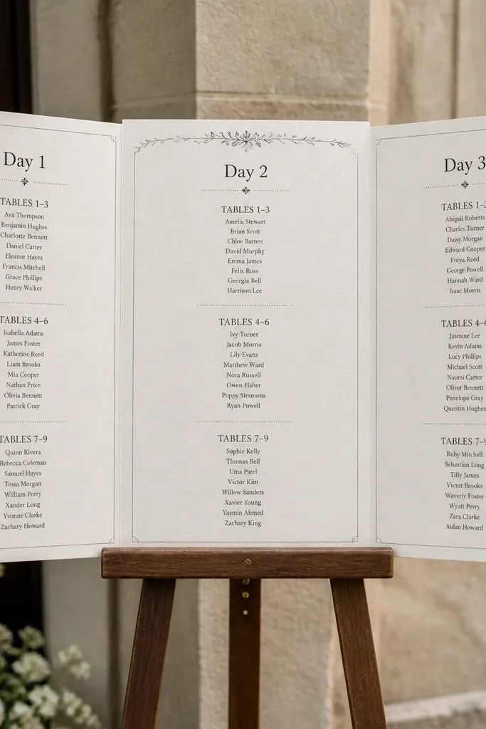 Tri-fold seating chart boards styled like event programs with table index pages