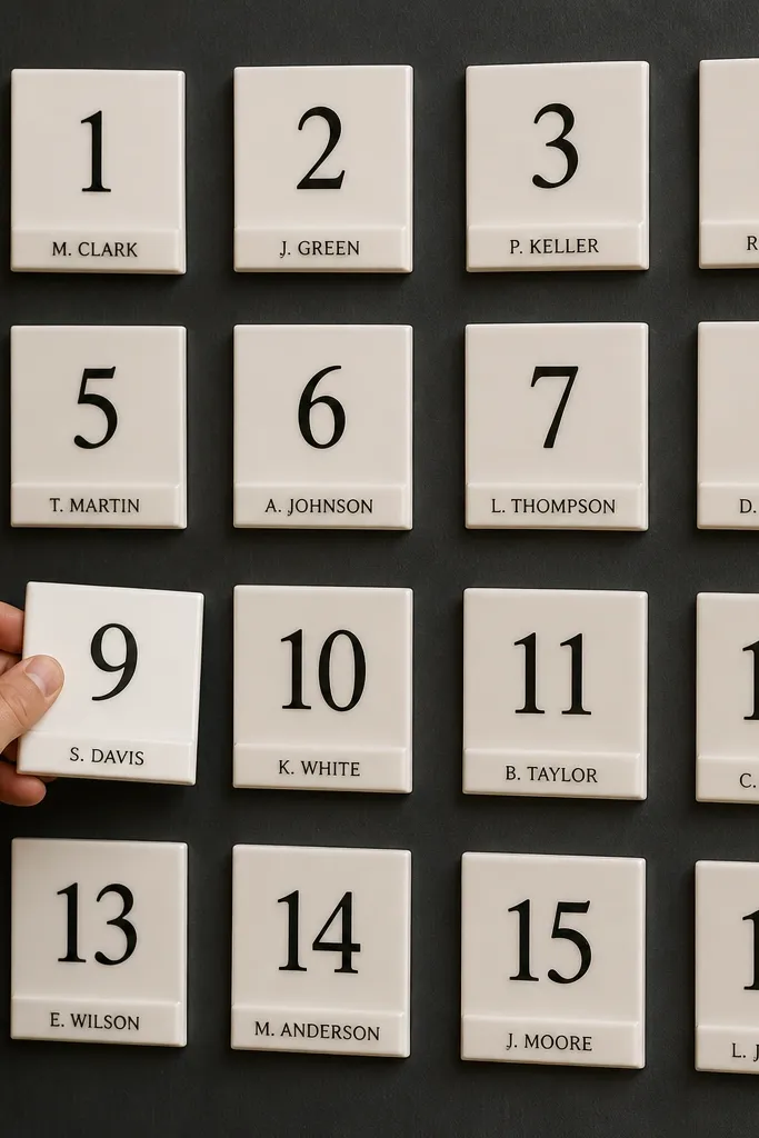 Chalkboard base with square tiles labeled table numbers and name strips attached