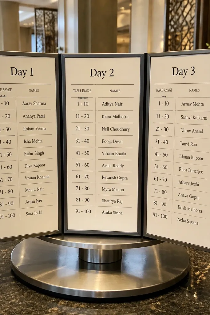Rotating display stand with three panels labeled Day 1, Day 2, Day 3