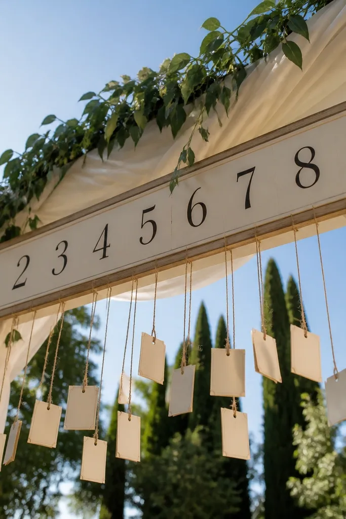 Tall arch sign with hanging tags for table numbers and guest names