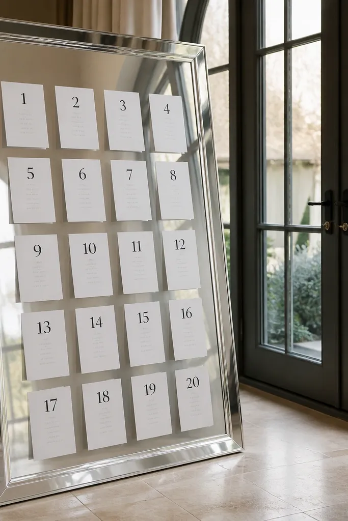 Large mirror reflecting a seating chart with name cards placed in neat rows