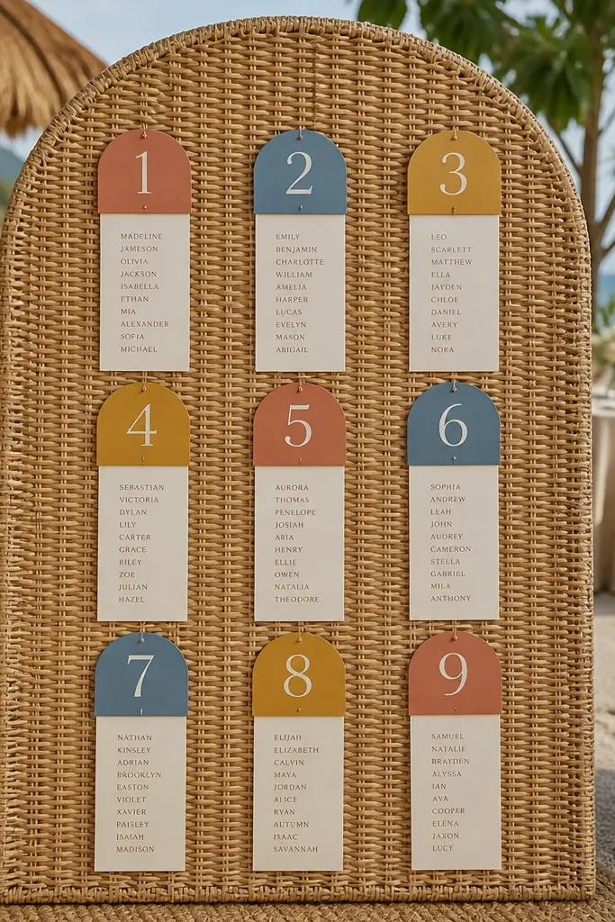 Rattan board with color-coded table tags and small name cards clipped on