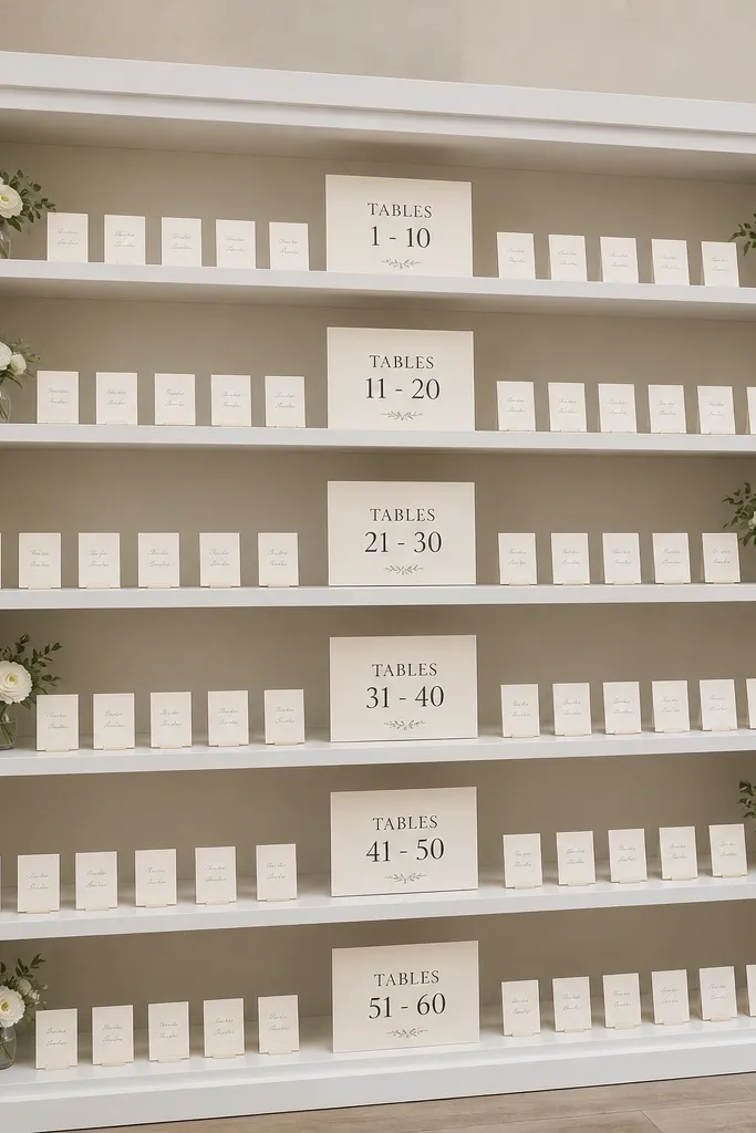 Bookshelf-style frame with labeled shelves holding seating chart cards by table range