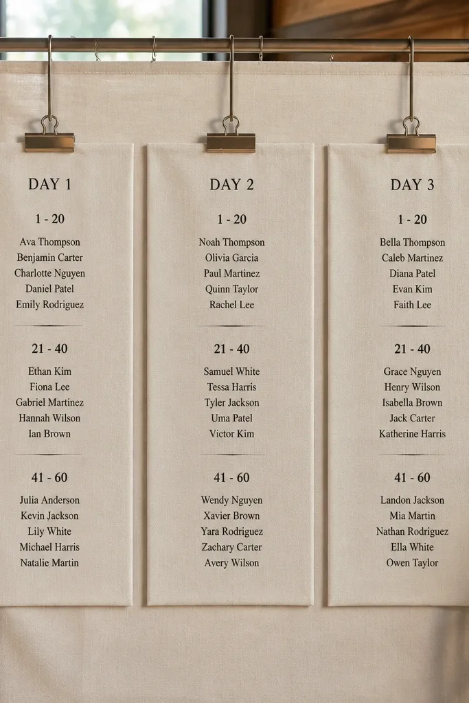 Fabric hanging banner with clip-on panels showing table numbers and guest names