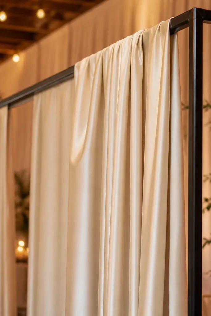 Cream satin drape behind a matte black stage frame with soft string lights
