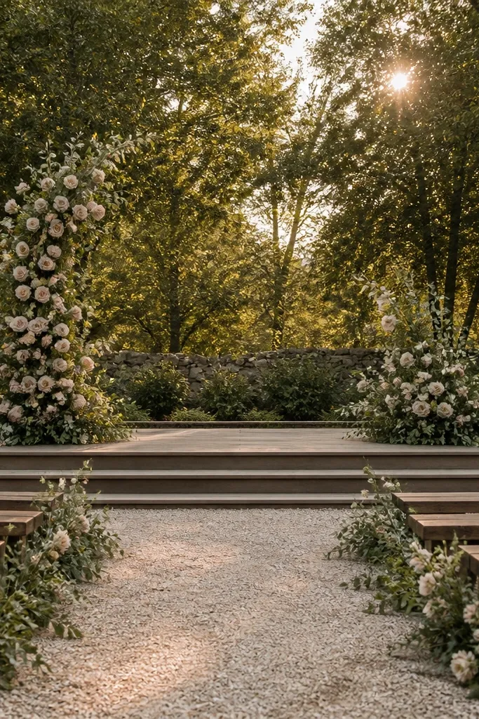 Blush roses and sage greenery arranged in two stage corners with airy spacing