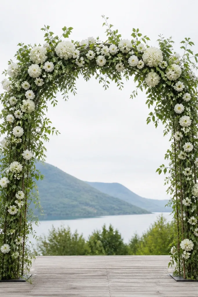 White floral arch with a greenery halo around it on a stage