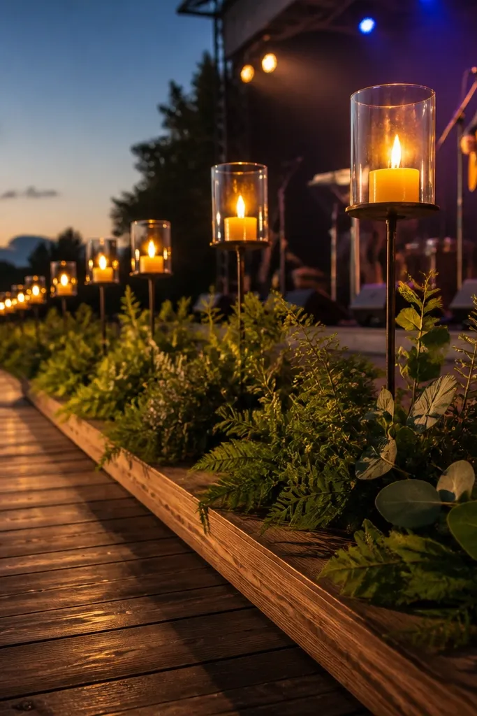 Greenery runner across the stage with small lanterns and candles