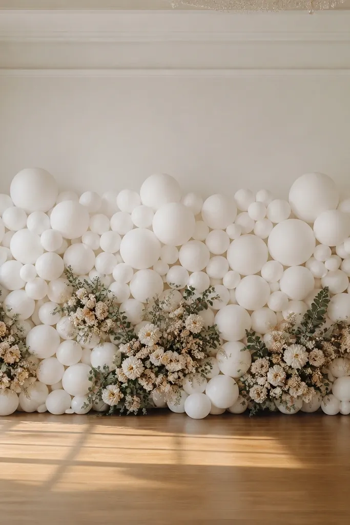 Matte white balloon garland with cream floral clusters on a stage wall