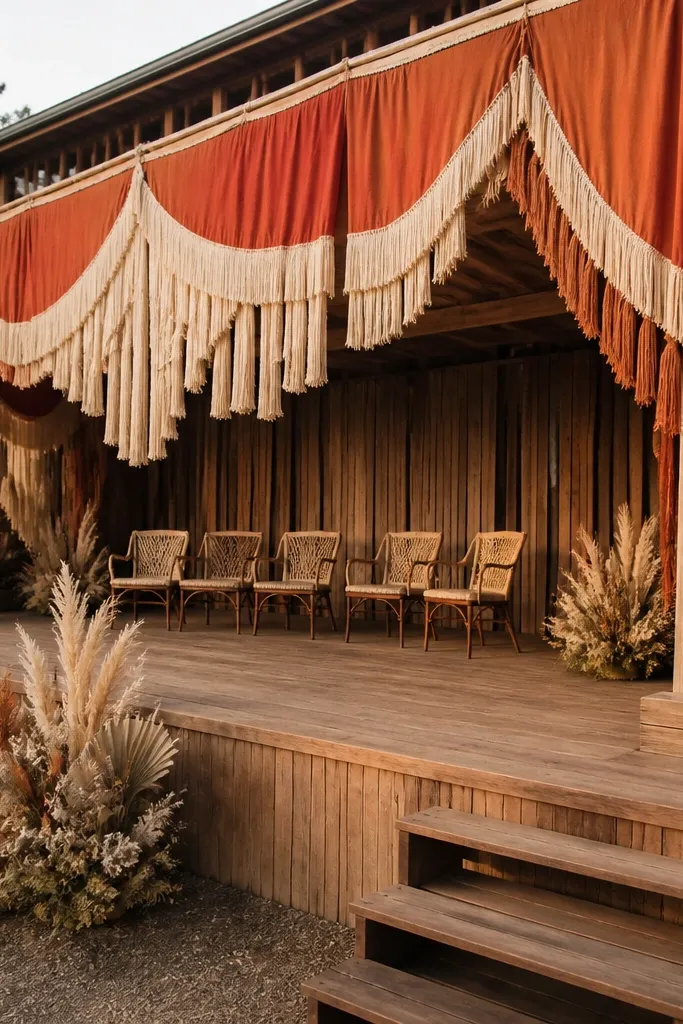 Terracotta and ecru fabric fringe valance hanging above a wedding stage