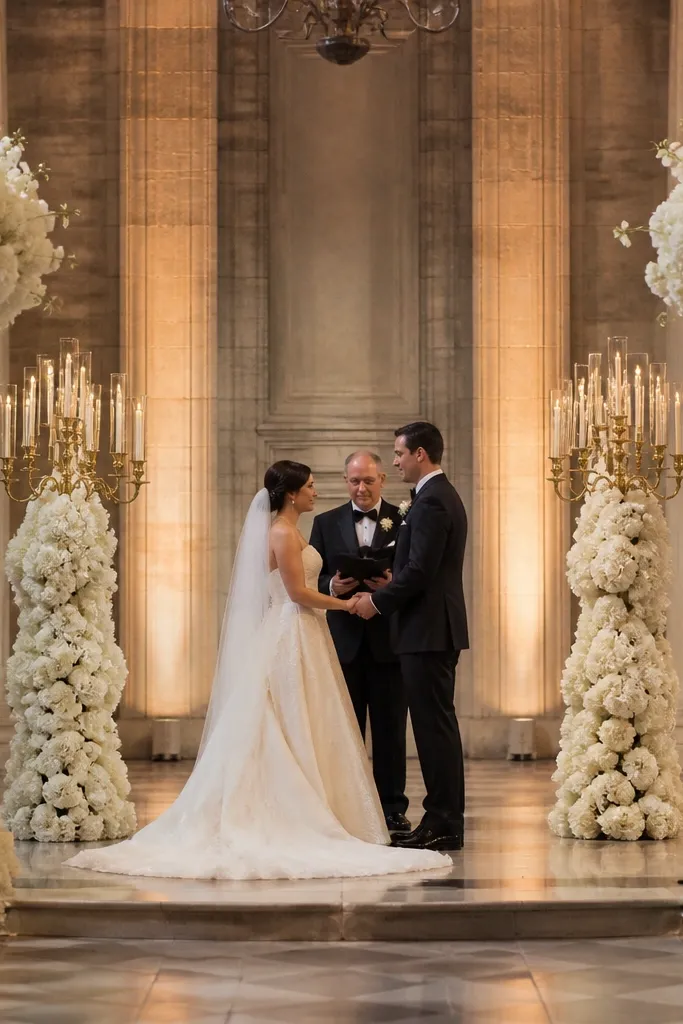 Gold candelabras with white hydrangea clusters on both sides of a stage
