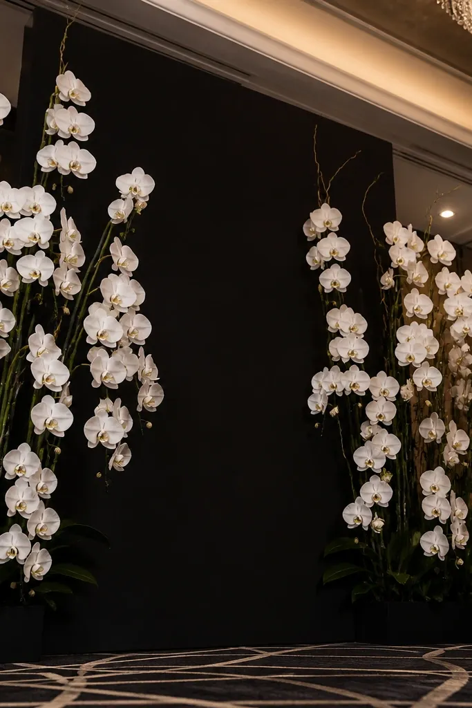 Matte black backdrop with white orchid sprays arranged in vertical lines