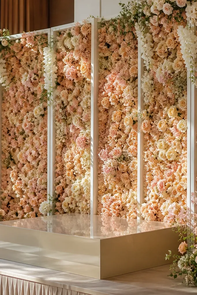 Peach and blush flower panels arranged in a vertical grid for a stage wall