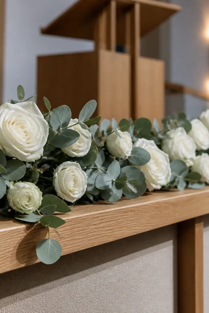 White rose and eucalyptus styling along the edge of a stage platform