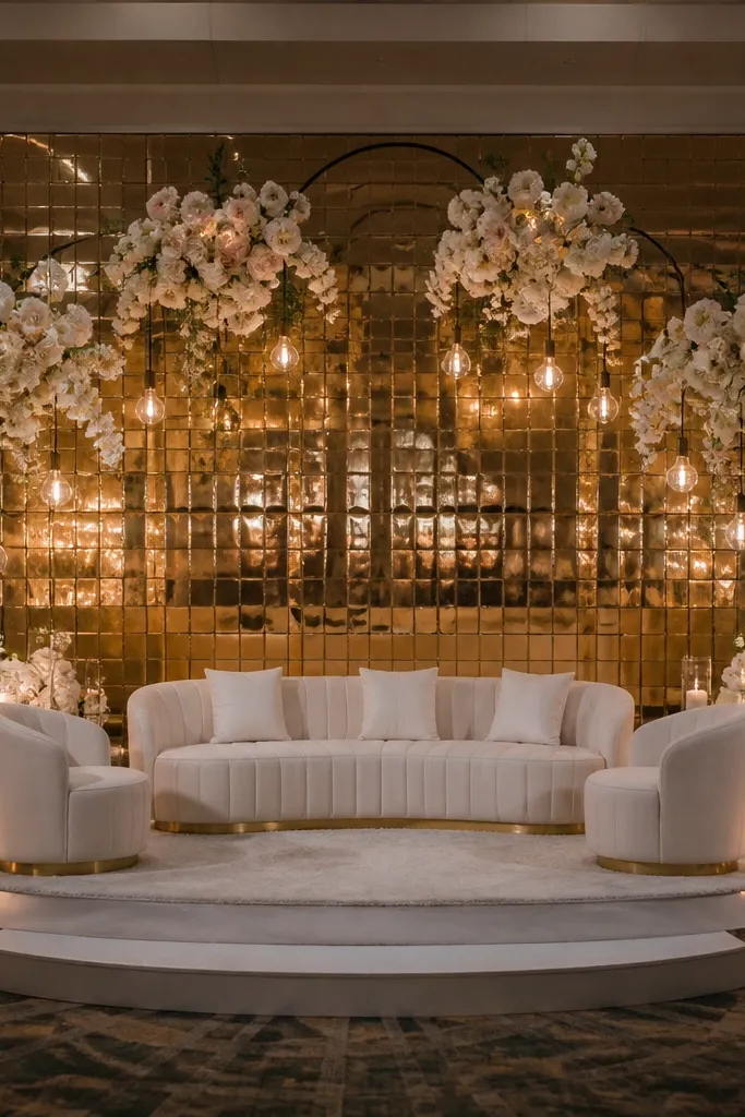 Matte gold mirror tiles behind hanging florals on a wedding stage