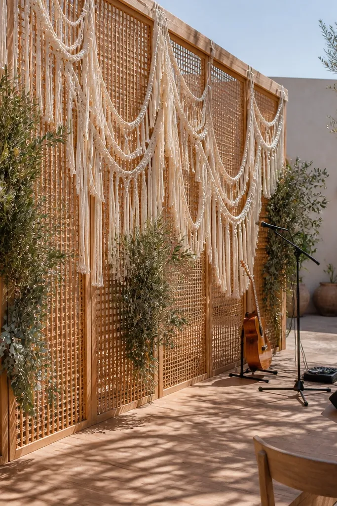 Rattan screen with hanging macramé pieces and small greenery clusters